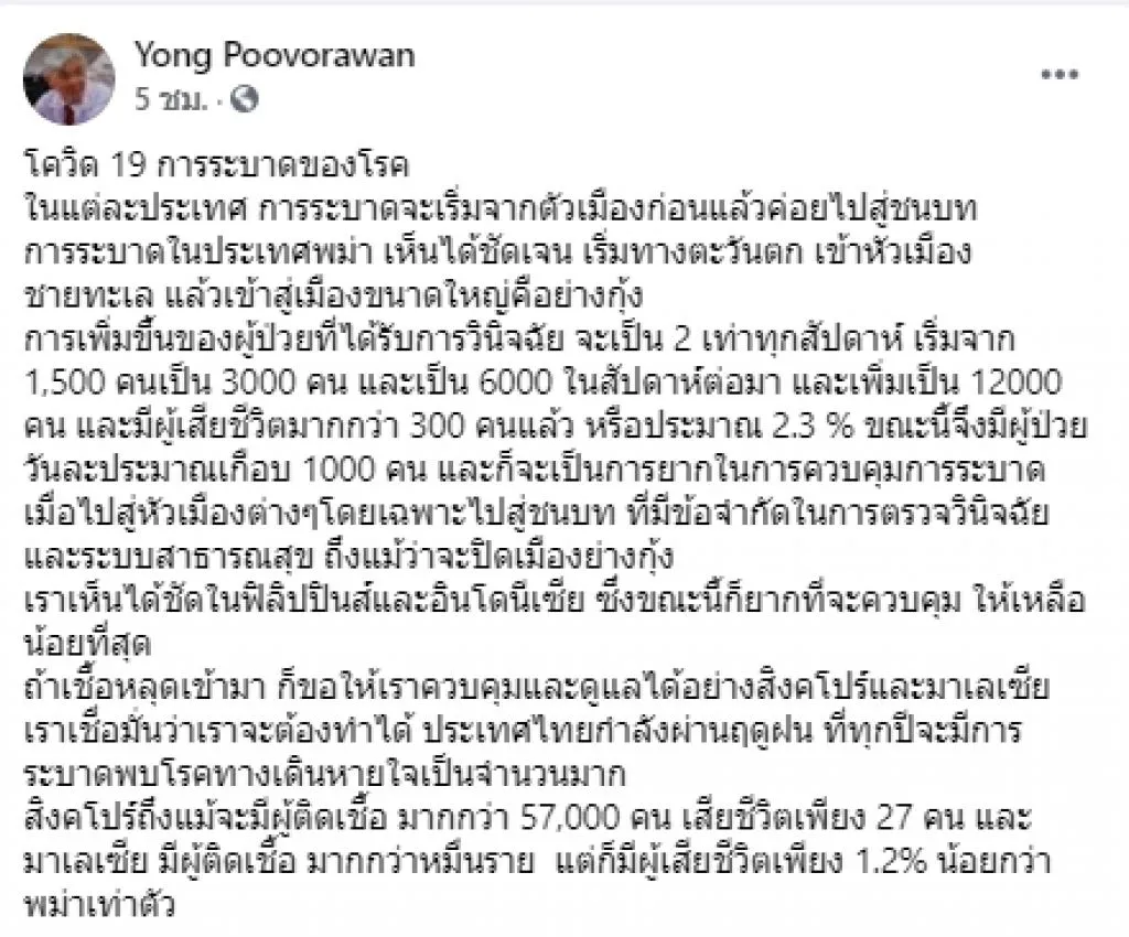 หมอยง ชี้ พม่าน่าห่วง โควิดระบาด หลังยอดผู้ป่วยเพิ่ม 2 เท่าทุกสัปดาห์