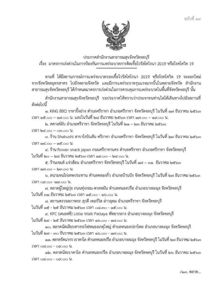 เช็กด่วน ชลบุรี เตือนใครไป 21 จุดเสี่ยงให้รีบไปตรวจเชื้อ โควิด-19