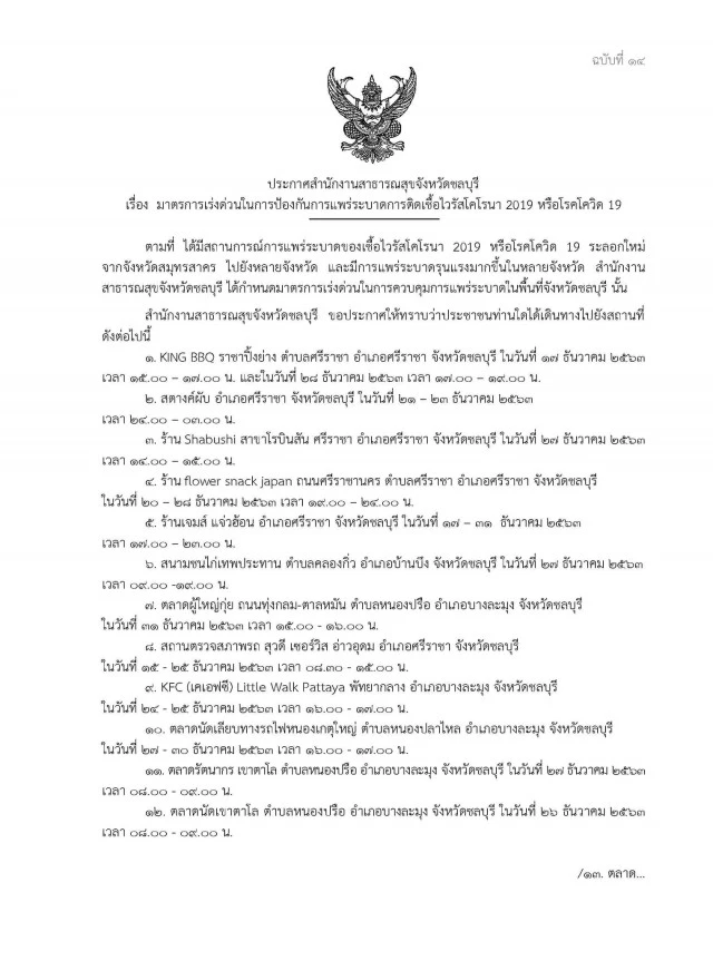 ด่วน!ประกาศ 20 ที่เสี่ยงโควิดชลบุรี ใครไปต้องกักตัว-พบแพทย์ทันที