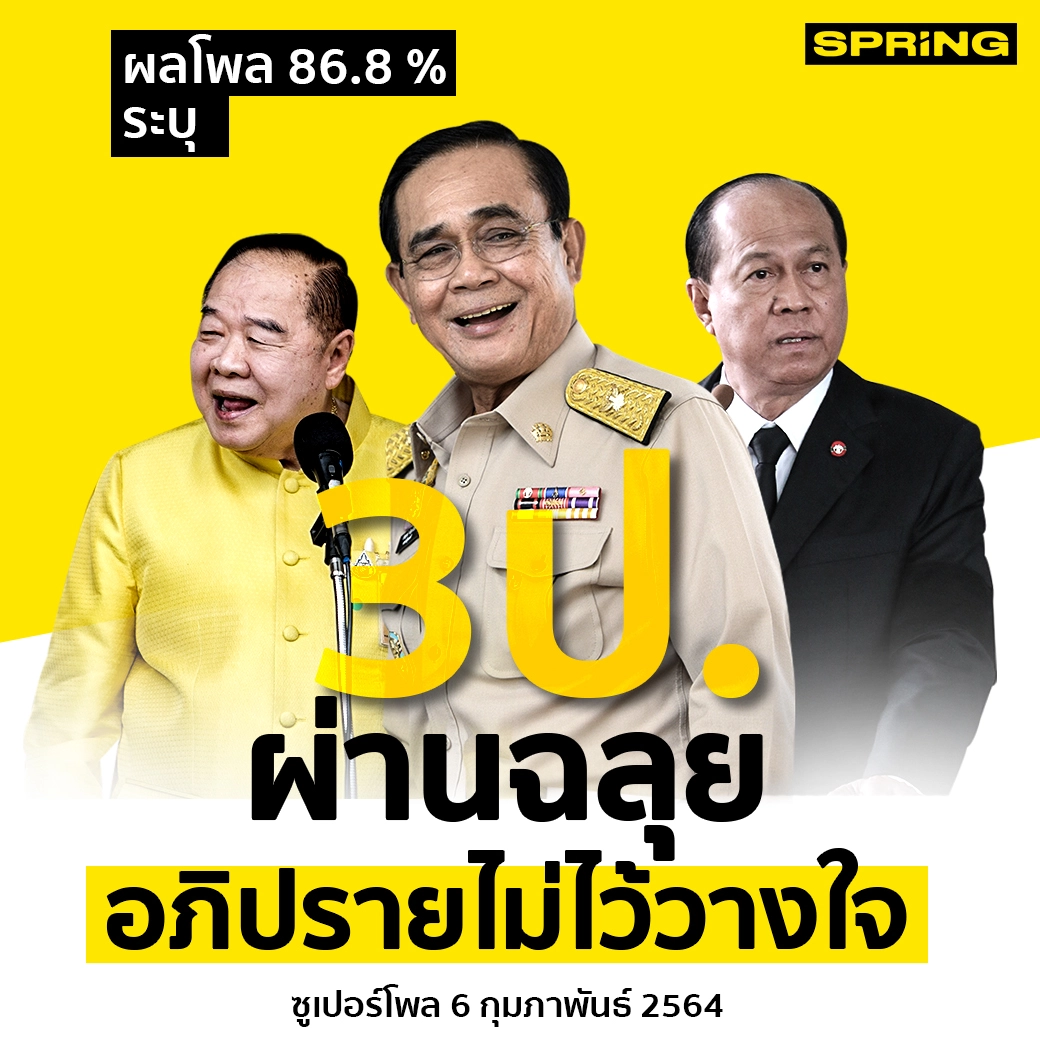 ซูเปอร์โพล เผยผลสำรวจ กว่า 86 % เชื่อ 3 ป. ผ่านฉลุย อภิปรายไม่ไว้วางใจ