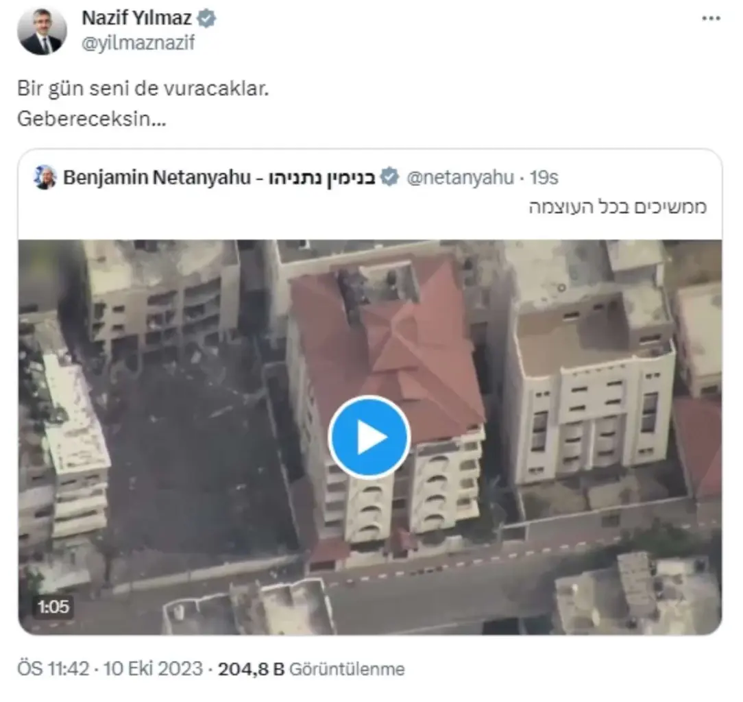 รมช.ศึกษาตุรกี ตอกกลับ เนทันยาฮู ปมคลิปทิ้งระเบิด "พวกเขาจะยิงคุณ คุณจะตาย"