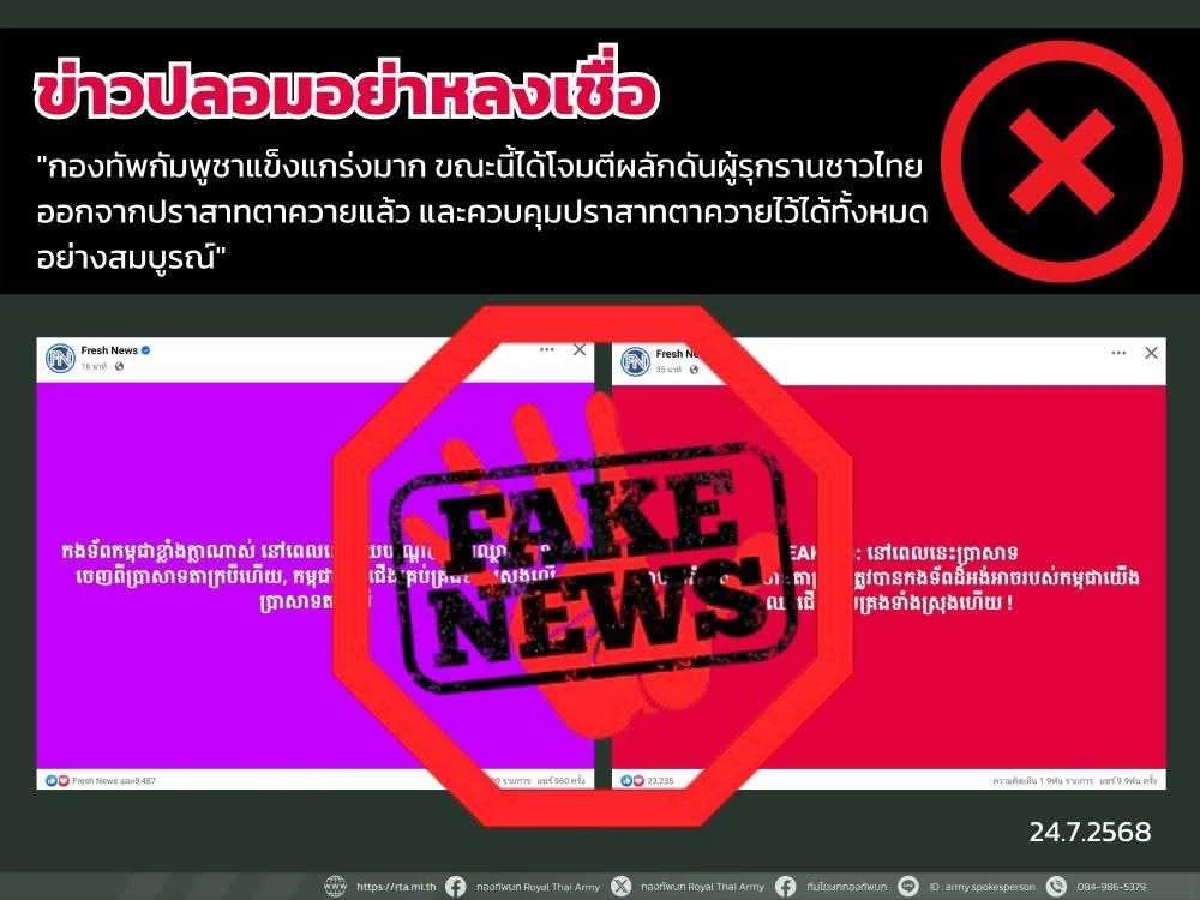 รวม fake news สถานการณ์ปะทะไทย-กัมพูชา เช็กแล้ว เนื้อหาบิดเบือน ไม่ตรงความจริง