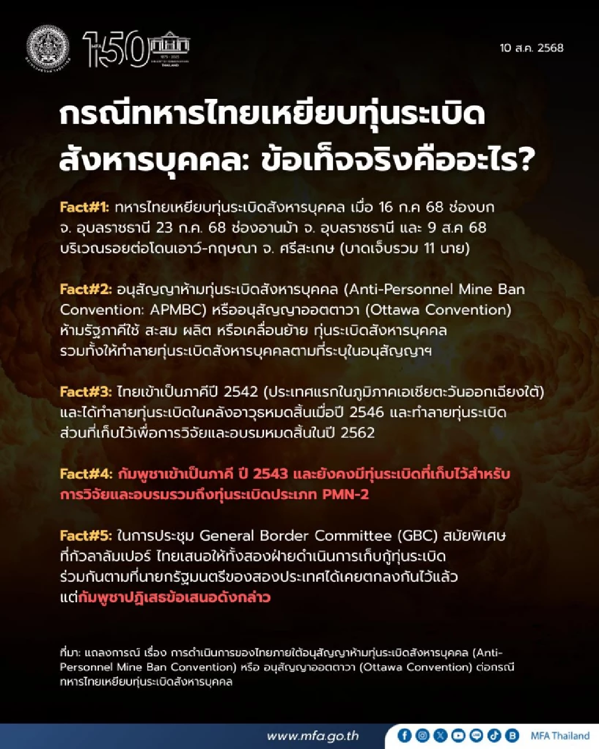 กต. ยื่นหนังสือประท้วงกัมพูชาละเมิดอนุสัญญาออตตาวา ปมทุ่นระเบิดชายแดน
