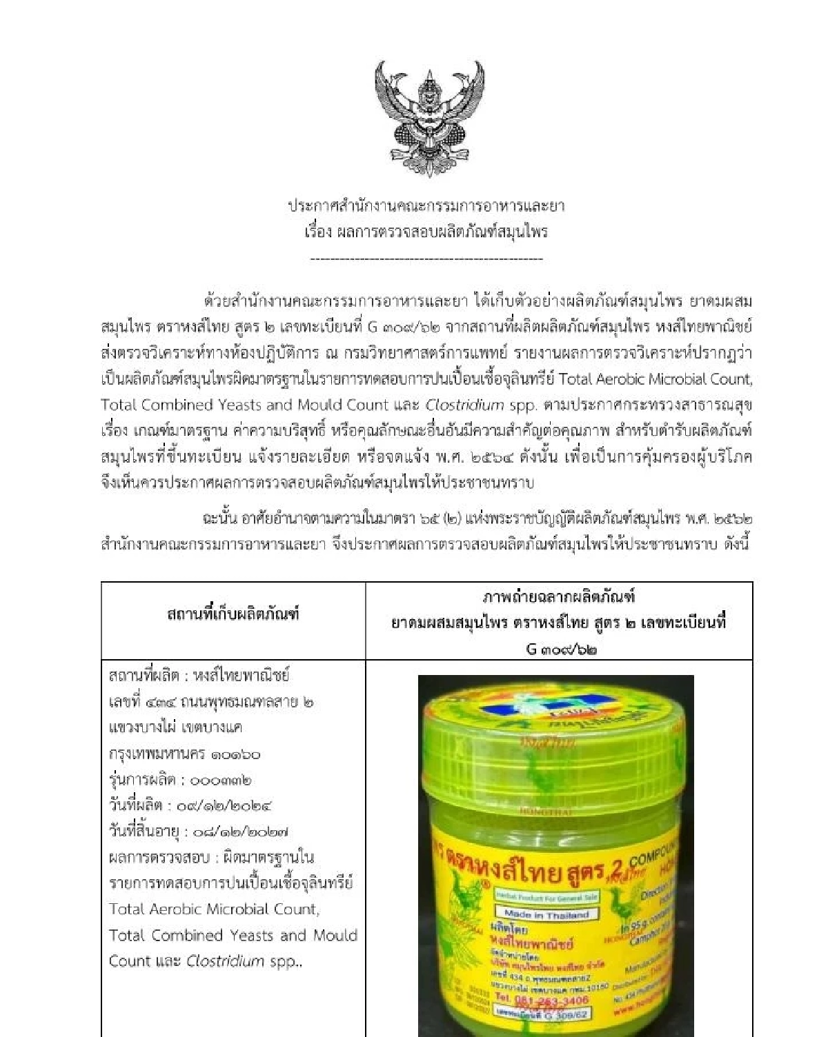 อย. เผย ผลตรวจสอบ \"ยาดมหงส์ไทย\" ปนเปื้อนเชื้อจุลินทรีย์ ผิดมาตรฐาน