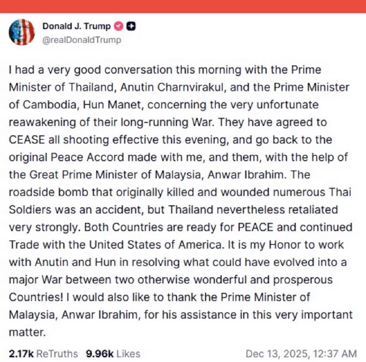 ทรัมป์ โพสต์อ้าง ไทย-กัมพูชา ตกลงหยุดยิง มีผลวันนี้ กลับสู่ ปฏิญญาร่วมฯ