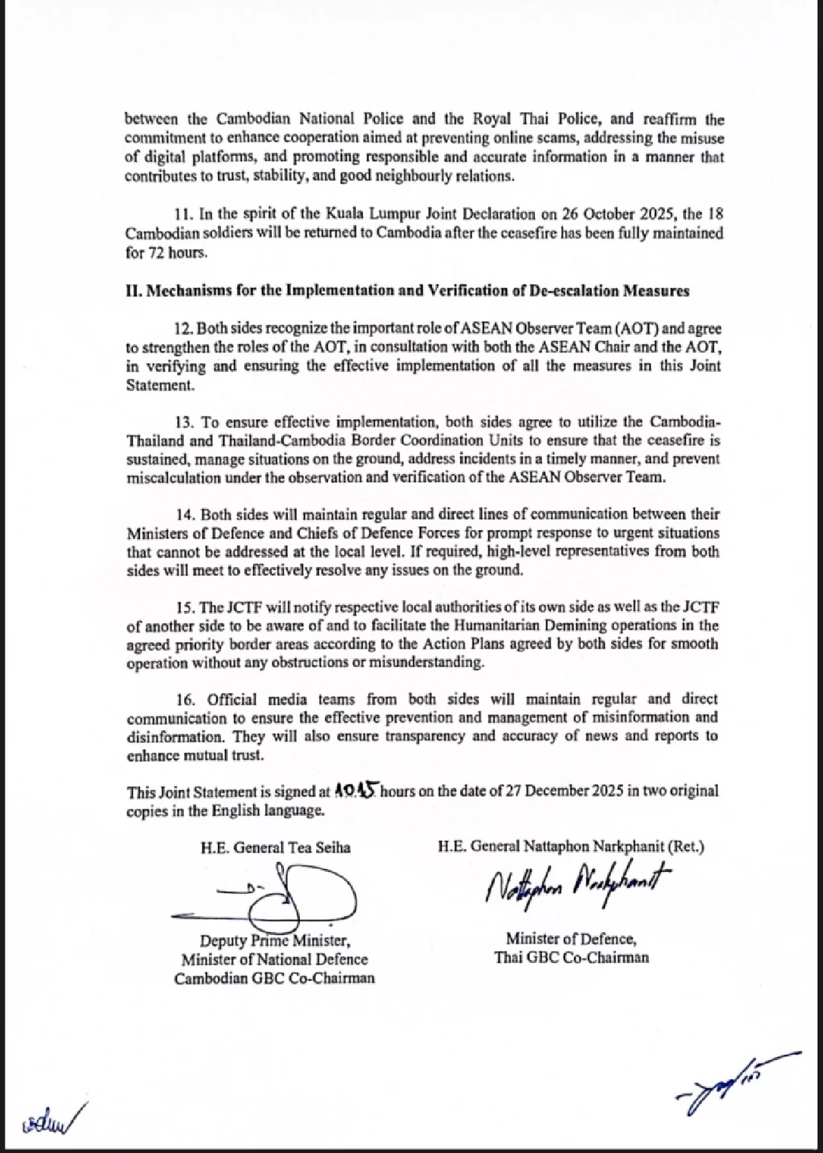 ไทย-กัมพูชา ลงนามเอกสารหยุดยิง 72 ชม. ไม่เคลื่อนย้าย-คงกำลัง