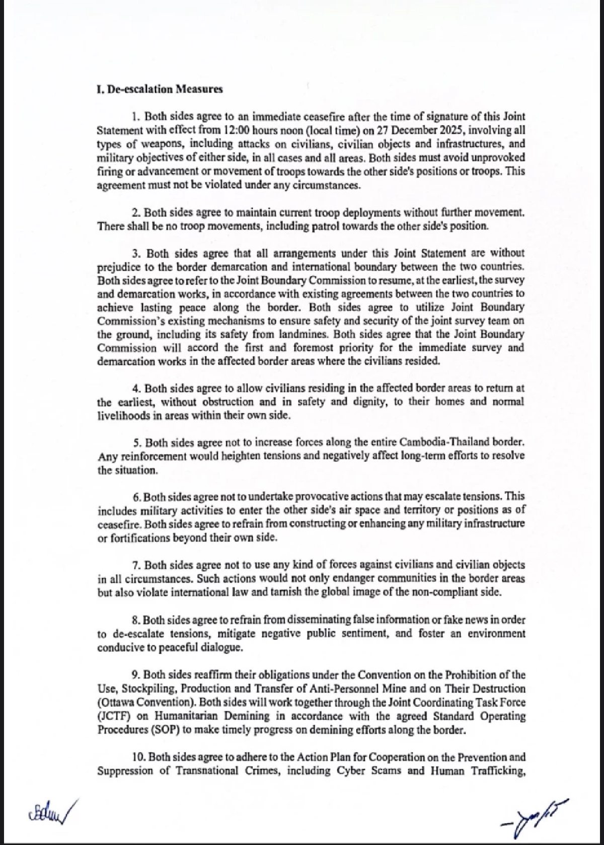 ไทย-กัมพูชา ลงนามเอกสารหยุดยิง 72 ชม. ไม่เคลื่อนย้าย-คงกำลัง