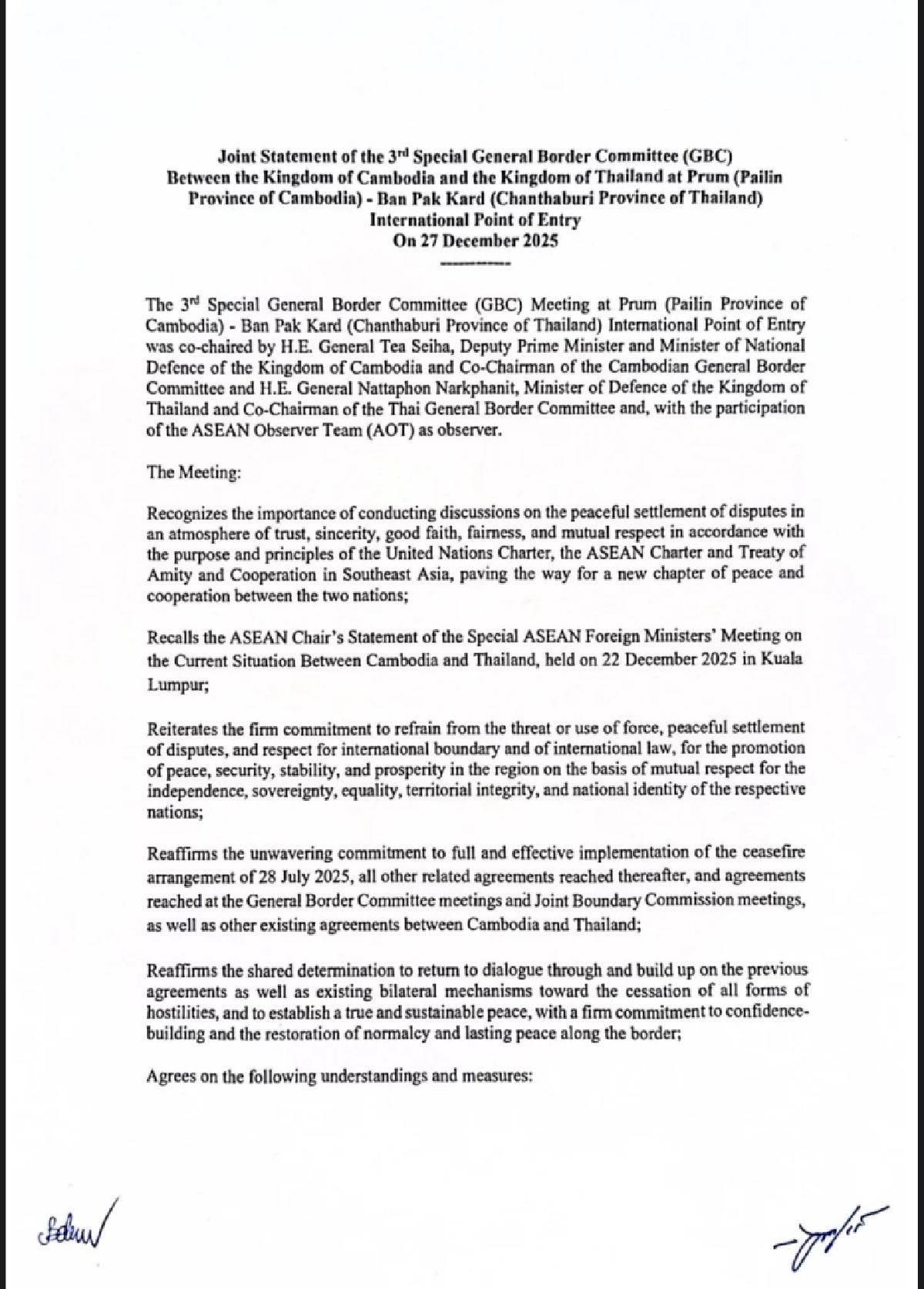 ไทย-กัมพูชา ลงนามเอกสารหยุดยิง 72 ชม. ไม่เคลื่อนย้าย-คงกำลัง