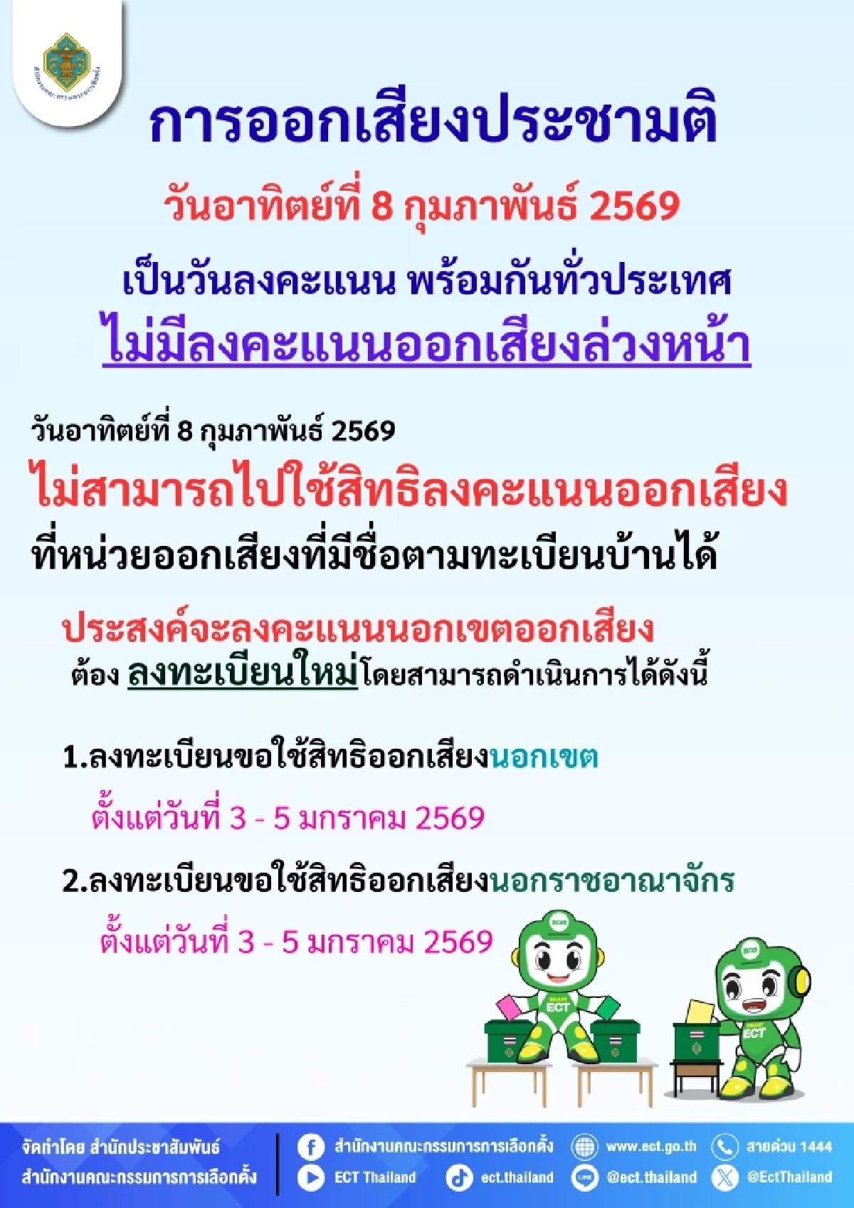 ออกเสียงประชามติไม่มีล่วงหน้า ต้องไปใช้สิทธิ 8 ก.พ. ลงทะเบียนนอกเขต 3-5 ม.ค.นี้