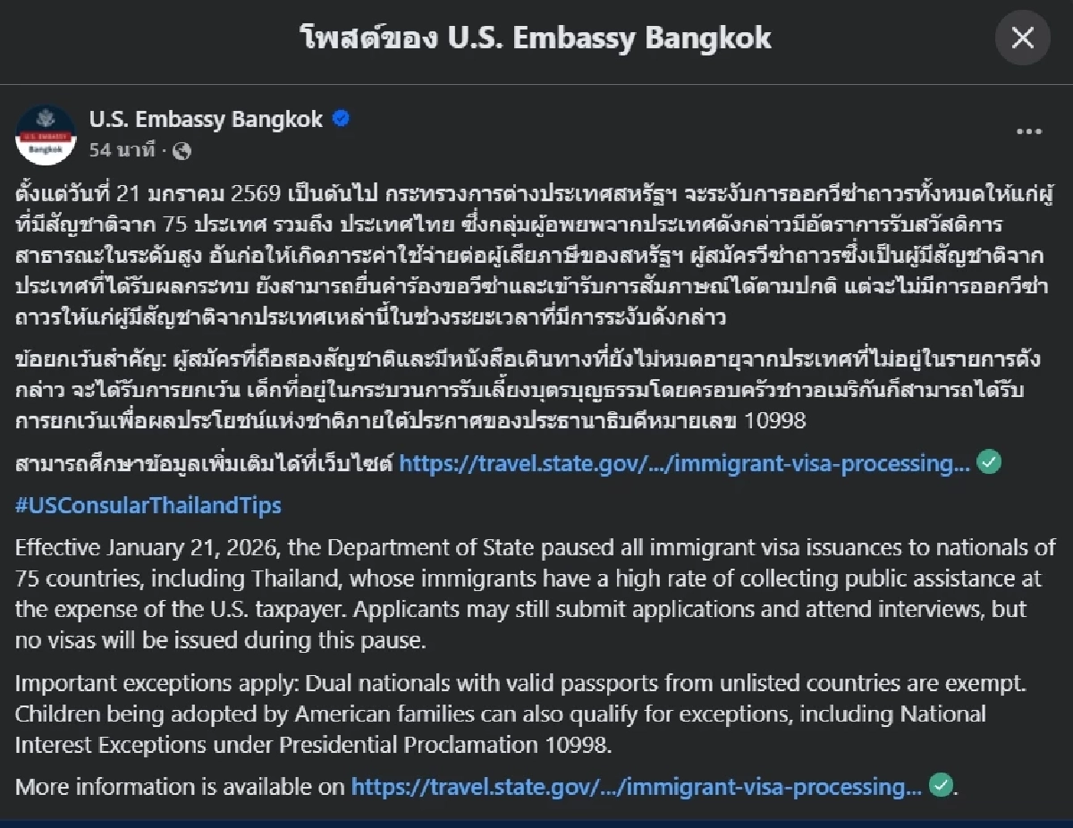 สหรัฐฯ ย้ำระงับออกวีซ่าถาวร 75 ประเทศ รวมไทย อ้างเหตุผลลดภาระสวัสดิการรัฐ
