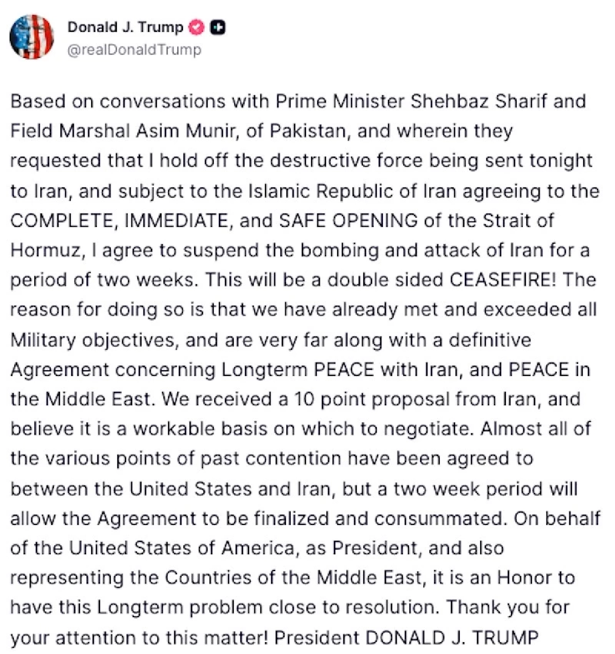 ทรัมป์ประกาศ ‘หยุดยิงชั่วคราว’ อิหร่าน 2 สัปดาห์ ให้เปิดช่องแคบฮอร์มุซทันที