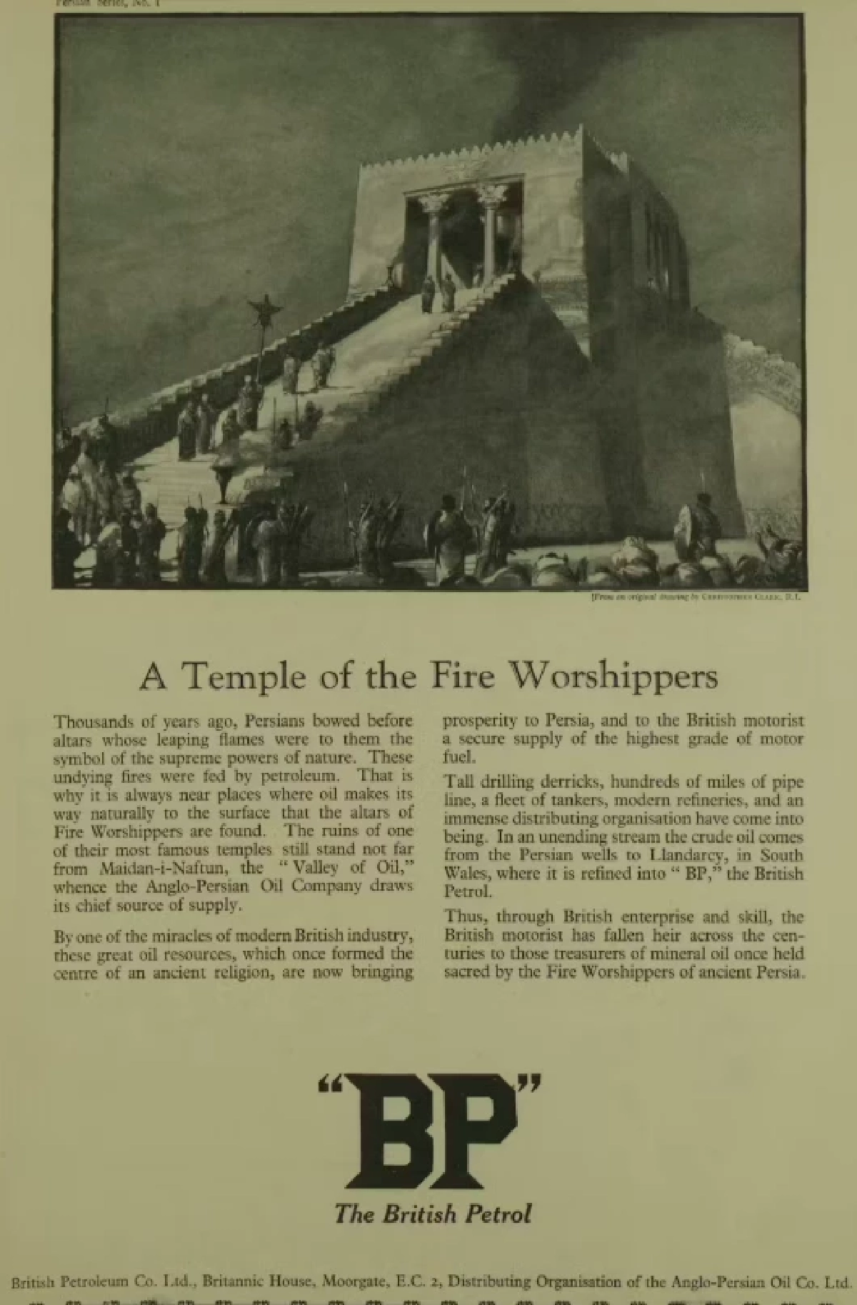 โฆษณาจากชุด Persian Series ของ BP ในนิตยสาร The Illustrated London News เมื่อวันที่ 25 เมษายน 1925