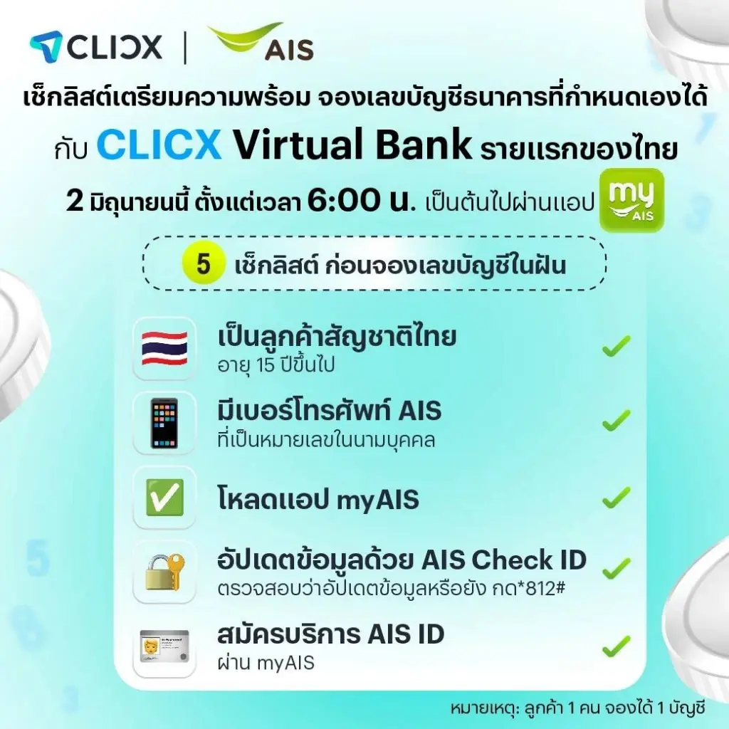CLICX Virtual Bank รายแรกของไทย จองเลขบัญชีเลือกได้ ผ่านแอปฯ myAIS