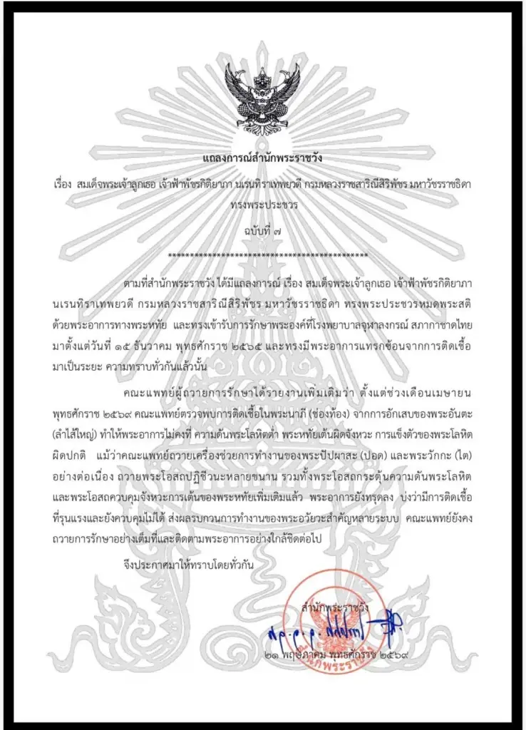 แถลงการณ์สำนักพระราชวัง เจ้าฟ้าพัชรกิติยาภาฯ ทรงพระประชวร ฉบับที่ 7