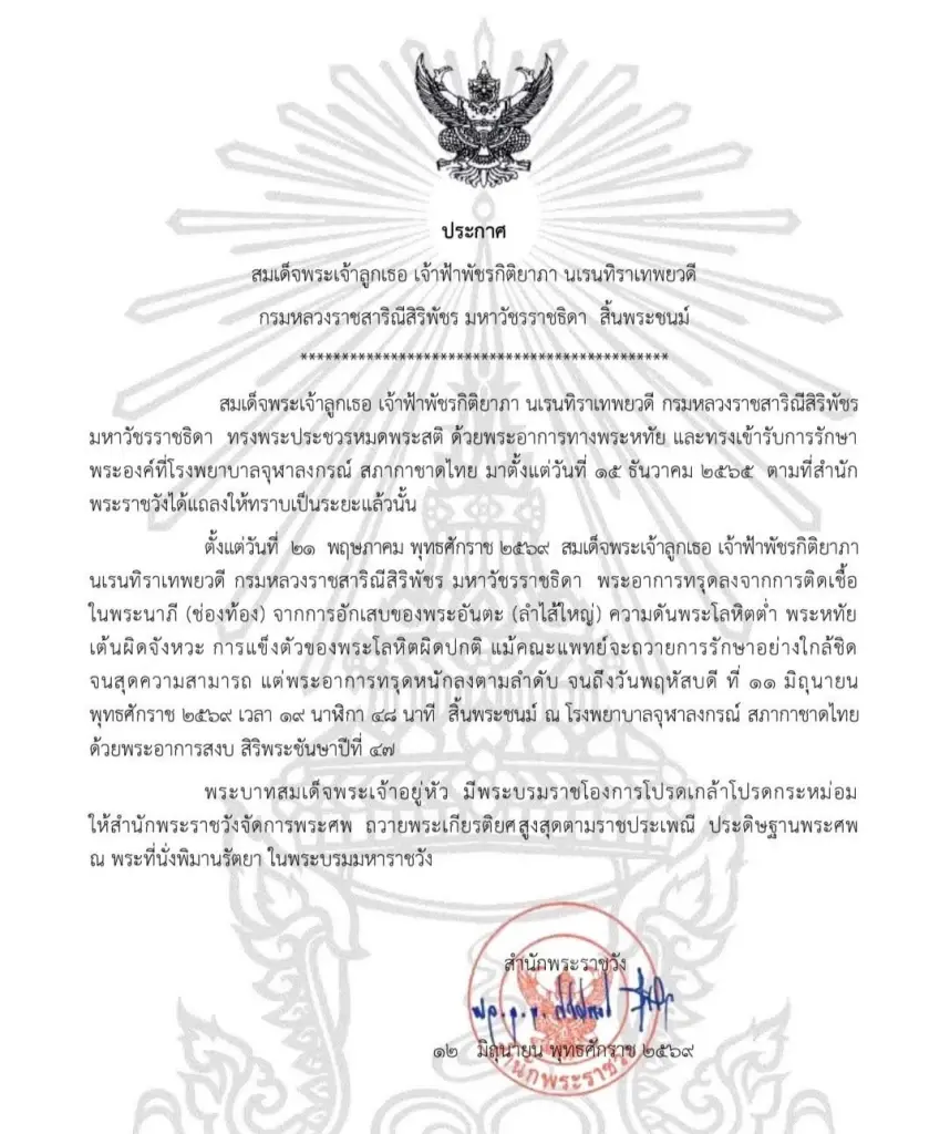 สำนักพระราชวัง ประกาศ ‘เจ้าฟ้าพัชรกิติยาภาฯ’ สิ้นพระชนม์