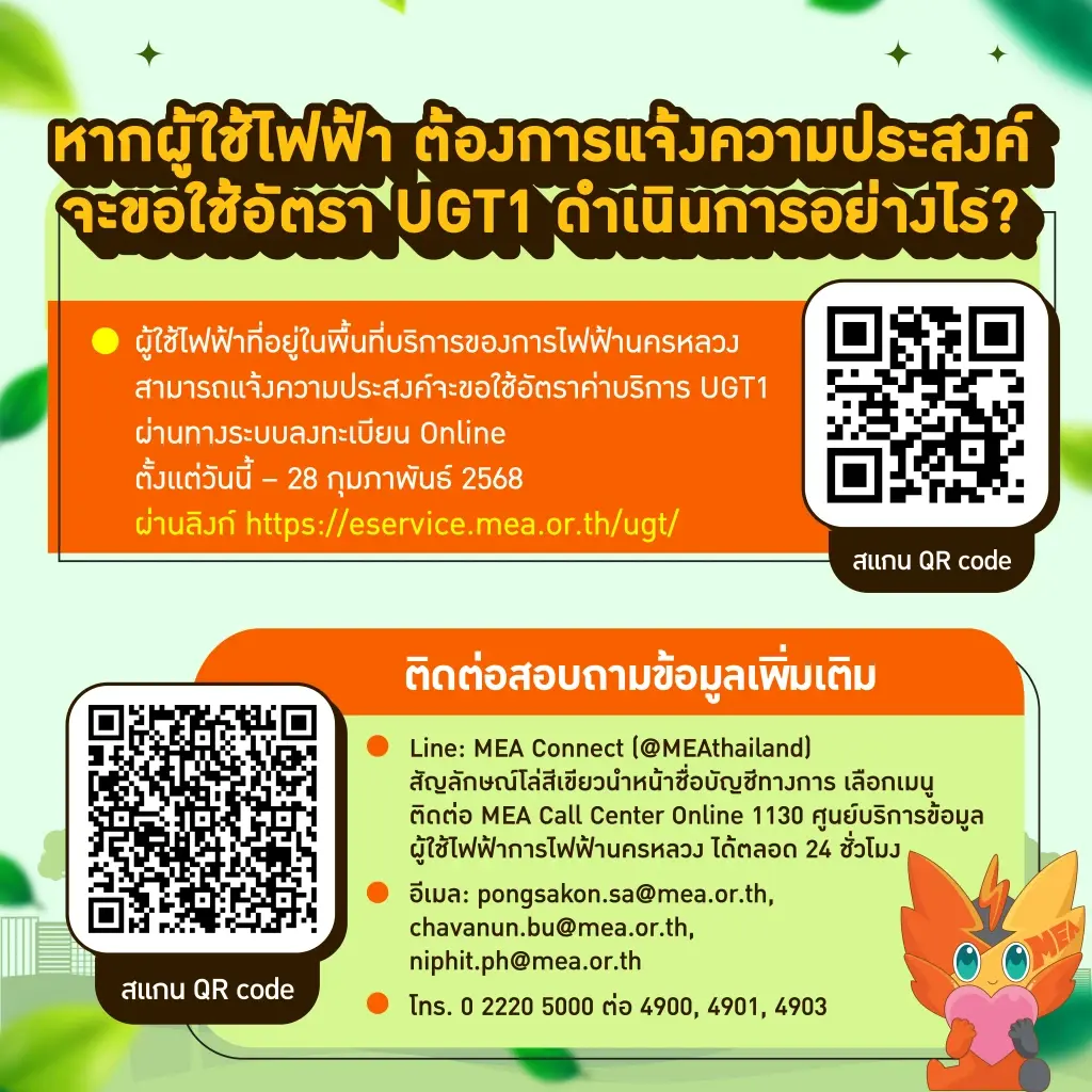 MEA เปิดรับลงทะเบียน UGT1 ประจำปี 2569 หนุนภาคธุรกิจใช้ไฟฟ้าสีเขียว
