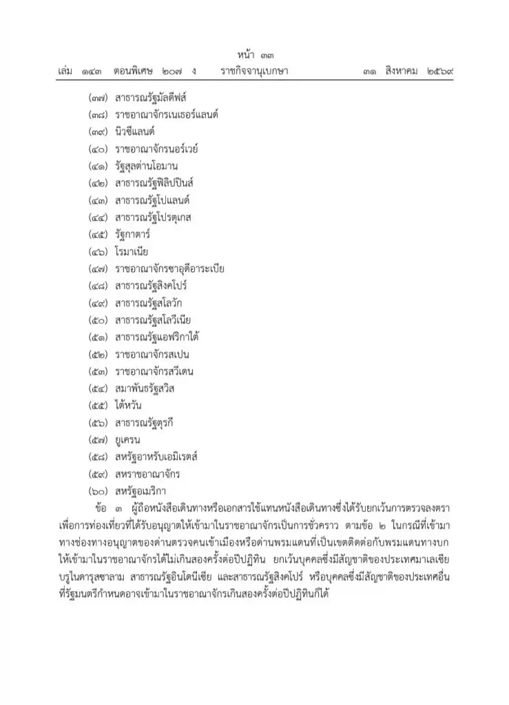 ไทยยกเลิกฟรีวีซ่า 60 วัน 93 ประเทศ ปรับมาตรการใหม่ยกเว้นวีซ่า 30 วัน 60 ประเทศ