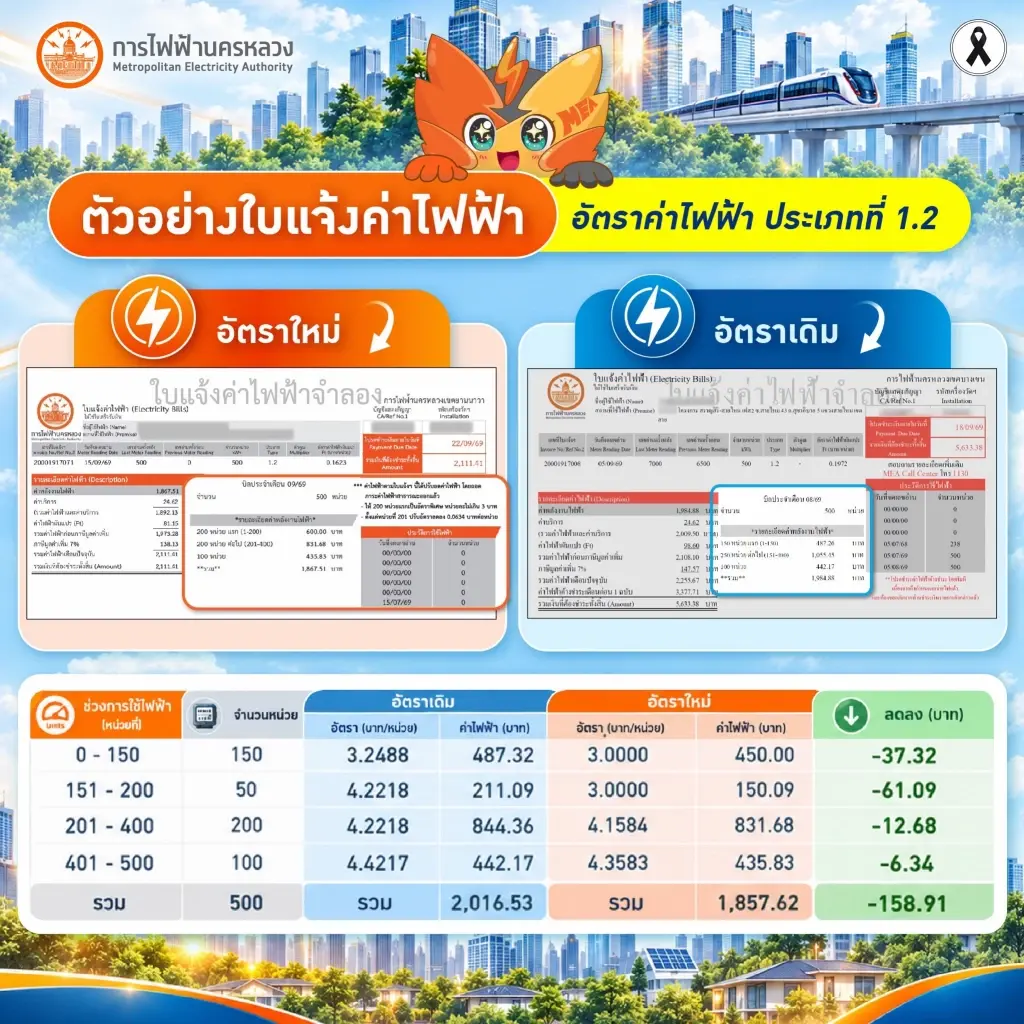 แจ้งปรับลดอัตราค่าไฟบ้านตามมติ กกพ. เริ่มรอบบิลกันยายน 2569