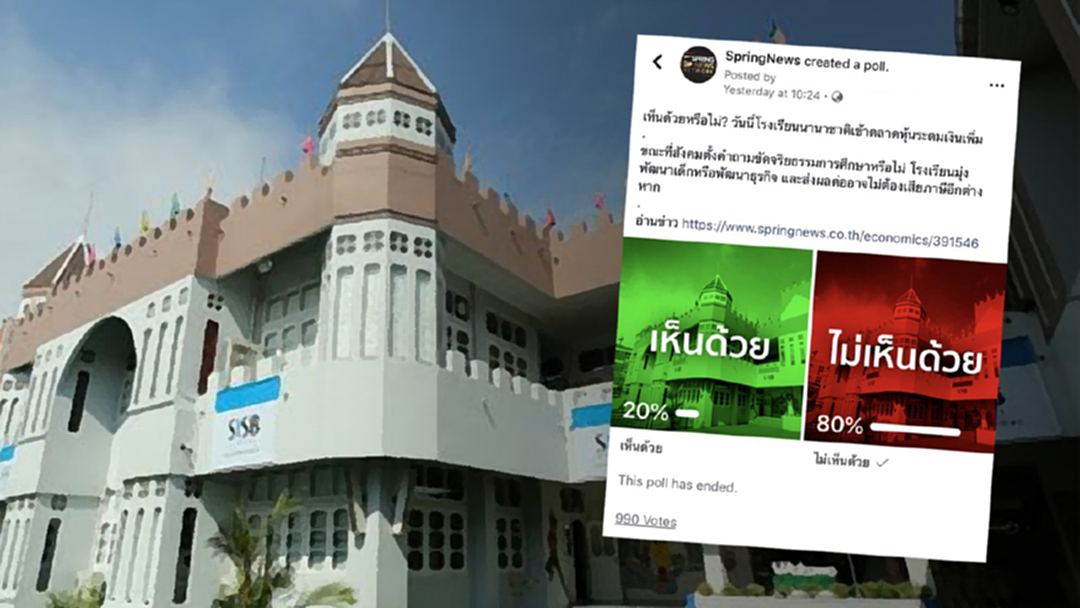 สปริงนิวส์โพล เผยส่วนใหญ่ “ไม่เห็นด้วย” รร.เข้าตลาดหุ้น แต่หากเข้าควรต้องเสียภาษี สปริงนิวส์โพล เผยส่วนใหญ่ “ไม่เห็นด้วย” รร.เข้าตลาดหุ้น แต่หากเข้าควรต้องเสียภาษี