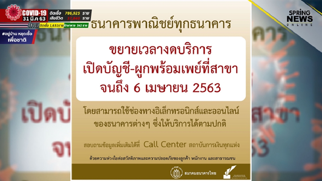 ธนาคารพาณิชย์ ขยายเวลางดเปิดบัญชี-สมัครพร้อมเพย์ที่สาขา ถึงวันที่ 6 เม.ย. ธนาคารพาณิชย์ ขยายเวลางดเปิดบัญชี-สมัครพร้อมเพย์ที่สาขา ถึงวันที่ 6 เม.ย.
