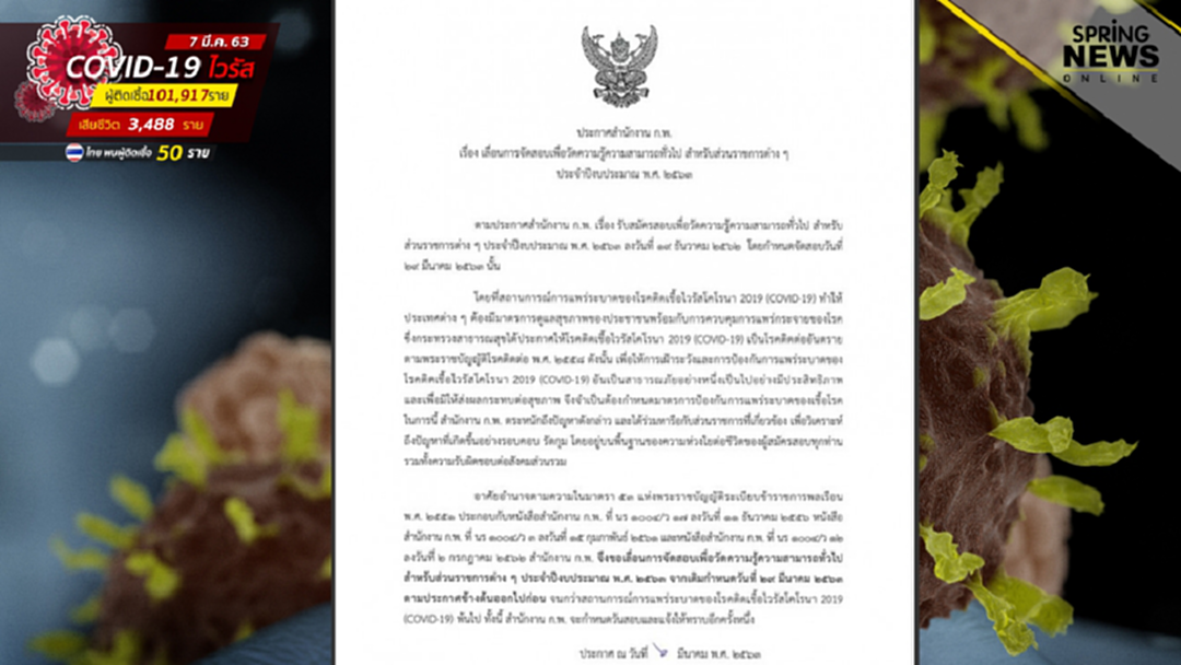 ประกาศด่วน! เลื่อนวันสอบ ก.พ. ภาค ก. 29 มี.ค. ไร้กำหนดหนีโควิด-19ระบาด ประกาศด่วน! เลื่อนวันสอบ ก.พ. ภาค ก. 29 มี.ค. ไร้กำหนดหนีโควิด-19ระบาด