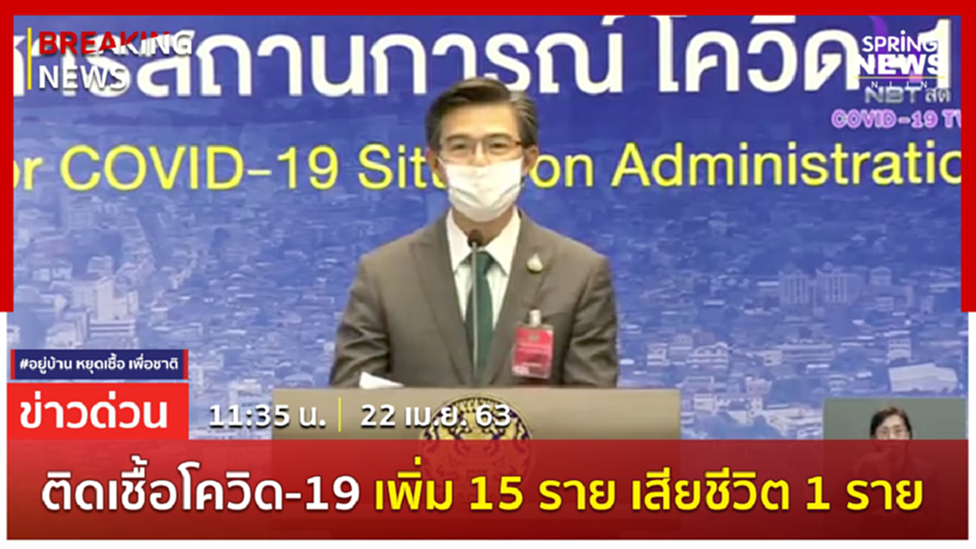Breaking News : ไทยติดเชื้อเพิ่ม 15 ราย เสียชีวิตเพิ่ม 1 ราย ยอดติดเชื้อสะสม 2,826 ราย Breaking News : ไทยติดเชื้อเพิ่ม 15 ราย เสียชีวิตเพิ่ม 1 ราย ยอดติดเชื้อสะสม 2,826 ราย