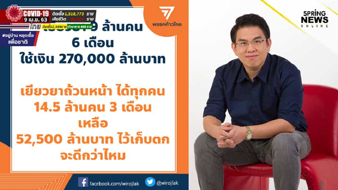 "วิโรจน์" แนะ รัฐทบทวนเยียวยา  9 ล้านคน 6 เดือน เป็นถ้วนหน้า 14.5 ล้านคน 3 เดือน