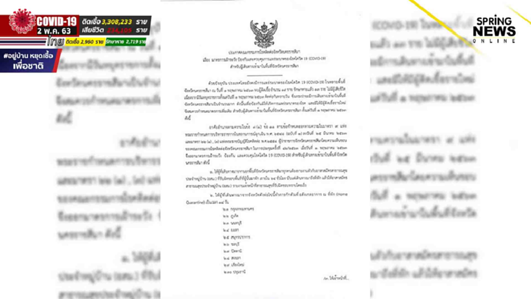 "ผู้ว่าโคราช" ประกาศ 10 จังหวัดเดินทางเข้าพื้นที่ ต้องกักตัว 14 วัน "ผู้ว่าโคราช" ประกาศ 10 จังหวัดเดินทางเข้าพื้นที่ ต้องกักตัว 14 วัน