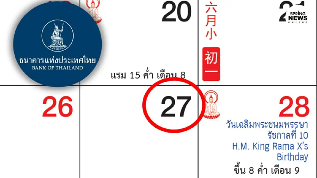 แบงก์ชาติ ประกาศให้วันที่ 27 ก.ค. เป็นวันหยุดชดเชยสงกรานต์ ตามมติ ครม. แบงก์ชาติ ประกาศให้วันที่ 27 ก.ค. เป็นวันหยุดชดเชยสงกรานต์ ตามมติ ครม.