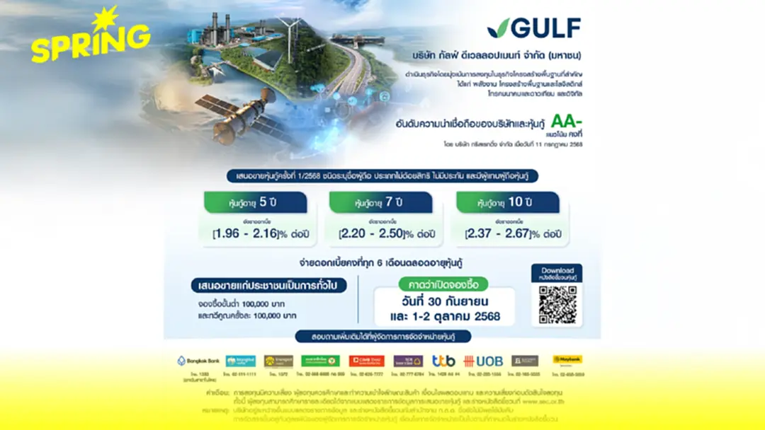 GULF ประกาศช่วงอัตราดอกเบี้ยหุ้นกู้ อายุ 5-10 ปี ที่ [1.96 – 2.67]% ต่อปี