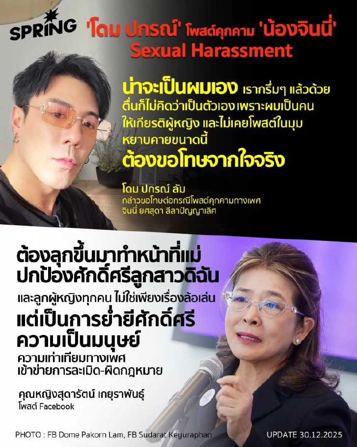 สรุปให้ ข้อความคุกคามทางเพศ จินนี่ ยศสุดา ของ โดม ปกรณ์  - คุณหญิงสุดารัตน์ ปกป้องลูกสาว