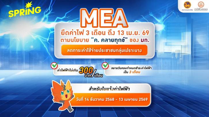 MEA ยืดค่าไฟ 3 เดือน ถึง 13 เม.ย. 69 ลดภาระค่าใช้จ่ายประชาชนกลุ่มเปราะบาง