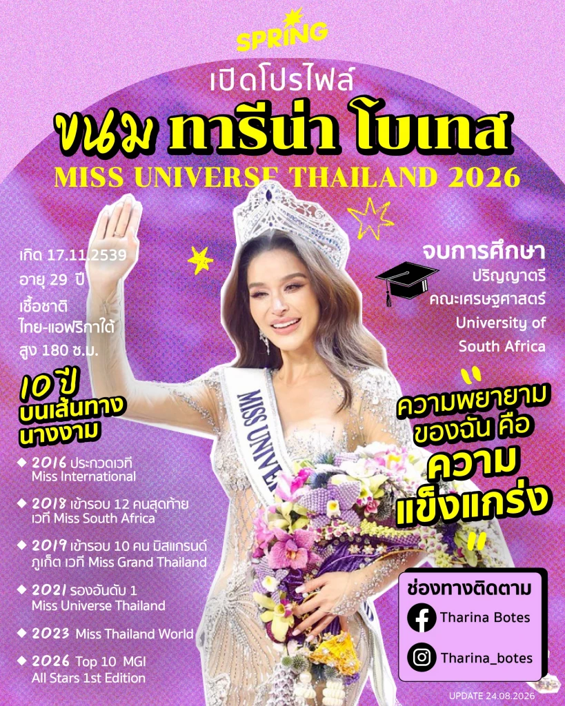 เส้นทางสู่จักรวาล 'ทารีน่า โบเทส' นักสู้ผู้คว้ามงกุฎ Miss Universe Thailand 2026
