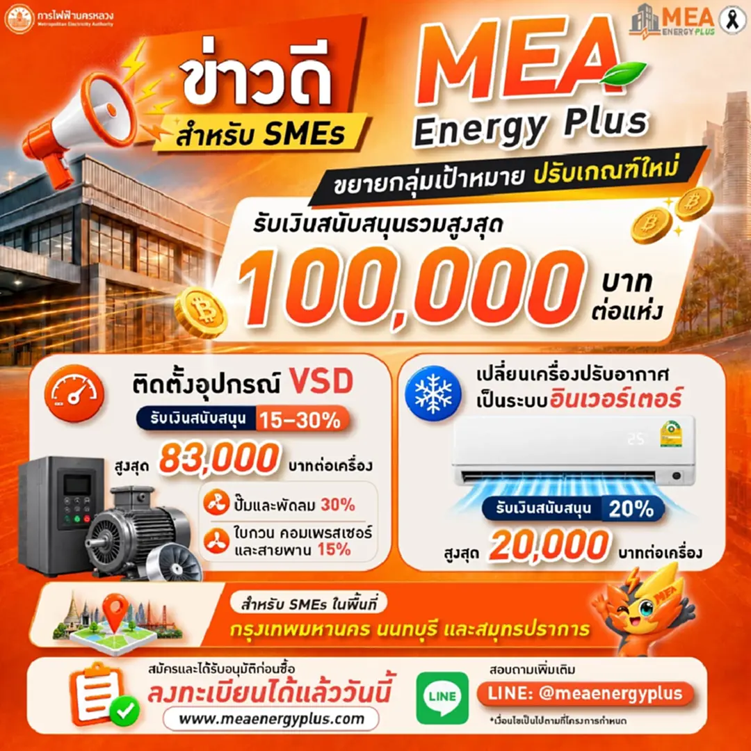 MEA Energy Plus ขยายกลุ่มเป้าหมายและปรับเกณฑ์การสนับสนุน MEA Energy Plus ขยายกลุ่มเป้าหมายและปรับเกณฑ์การสนับสนุน